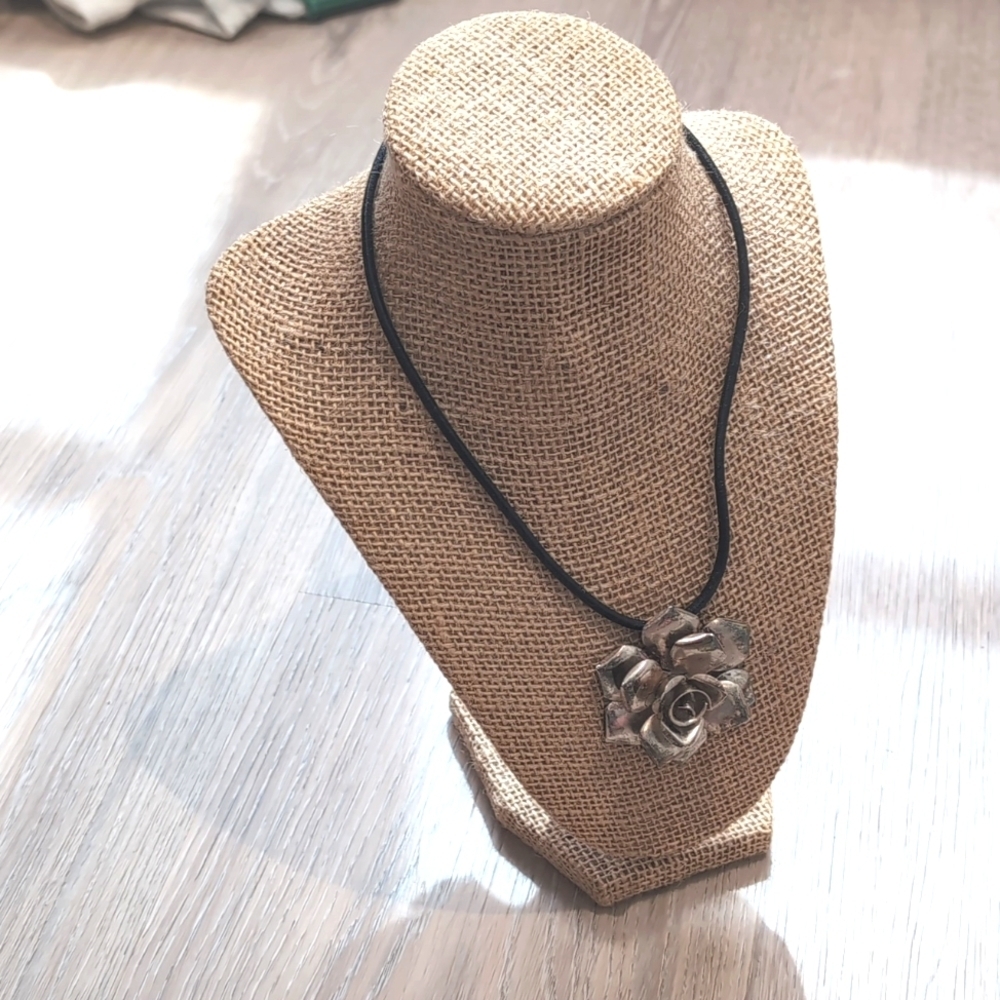 Silver Rose Pendant Necklace Black Cord - Picture 8 of 8